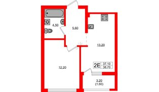Квартира в ЖК Гагарина 30, 1 комнатная, 37.1 м², 2 этаж