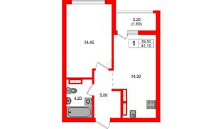 Квартира в ЖК Гагарина 30, 1 комнатная, 39.5 м², 17 этаж