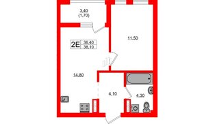 Квартира в ЖК Гагарина 30, 1 комнатная, 36.4 м², 2 этаж