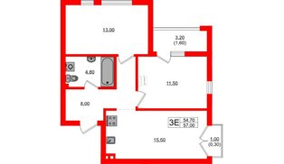 Квартира в ЖК Гагарина 30, 2 комнатная, 54.7 м², 2 этаж