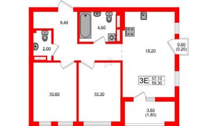 Квартира в ЖК Гагарина 30, 2 комнатная, 57.1 м², 4 этаж