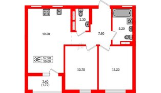 Квартира в ЖК Гагарина 30, 2 комнатная, 57.9 м², 4 этаж