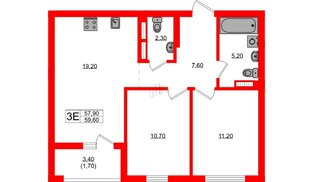 Квартира в ЖК Гагарина 30, 2 комнатная, 57.9 м², 6 этаж