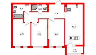 Квартира в ЖК Гагарина 30, 3 комнатная, 78.9 м², 2 этаж