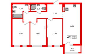 Квартира в ЖК Гагарина 30, 3 комнатная, 78.7 м², 4 этаж