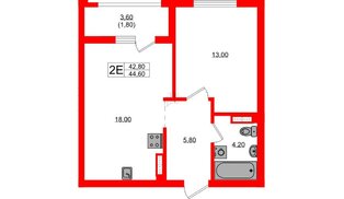 Квартира в ЖК Гагарина 30, 1 комнатная, 42.8 м², 6 этаж