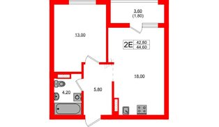 Квартира в ЖК Гагарина 30, 1 комнатная, 42.8 м², 6 этаж