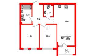 Квартира в ЖК Гагарина 30, 2 комнатная, 59.7 м², 2 этаж