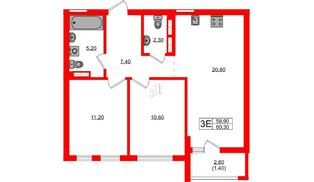 Квартира в ЖК Гагарина 30, 2 комнатная, 58.9 м², 4 этаж