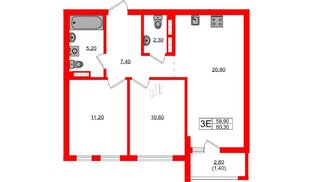 Квартира в ЖК Гагарина 30, 2 комнатная, 58.9 м², 6 этаж