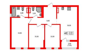 Квартира в ЖК Гагарина 30, 3 комнатная, 72.3 м², 2 этаж