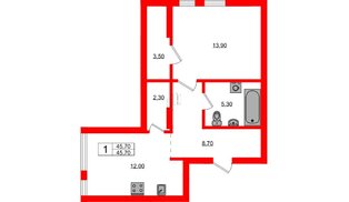 Квартира в ЖК Гагарина 30, 1 комнатная, 45.7 м², 1 этаж
