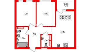 Квартира в ЖК «Гагарина 30», 2 комнатная, 55.5 м², 2 этаж