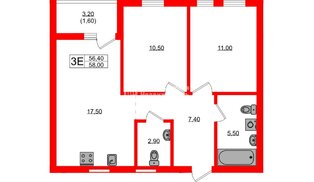 Квартира в ЖК «Гагарина 30», 2 комнатная, 56.4 м², 2 этаж