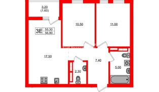 Квартира в ЖК «Гагарина 30», 2 комнатная, 55.3 м², 4 этаж