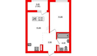 Квартира в ЖК Гагарина 30, 1 комнатная, 37 м², 3 этаж