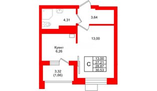 Квартира в ЖК «Лэйк Сити-9», студия, 28.87 м², 6 этаж