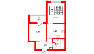 Квартира в ЖК Альпенштадт, 2 комнатная, 37.7 м², 11 этаж