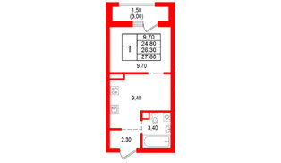Квартира в ЖК Альпенштадт, 1 комнатная, 26.3 м², 2 этаж