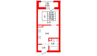 Квартира в ЖК Альпенштадт, 1 комнатная, 26.3 м², 3 этаж