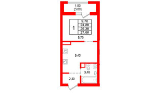 Квартира в ЖК Альпенштадт, 1 комнатная, 26.3 м², 8 этаж