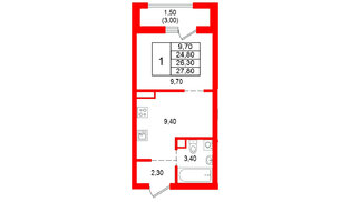 Квартира в ЖК Альпенштадт, 1 комнатная, 26.3 м², 9 этаж