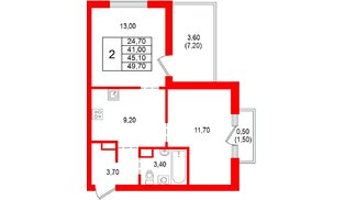Квартира в ЖК Альпенштадт, 2 комнатная, 45.1 м², 2 этаж