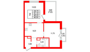 Квартира в ЖК Альпенштадт, 2 комнатная, 45.2 м², 3 этаж