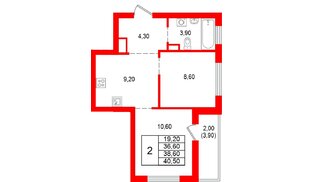 Квартира в ЖК Альпенштадт, 2 комнатная, 38.6 м², 2 этаж