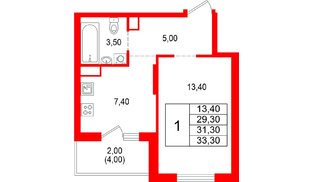 Квартира в ЖК «Альпенштадт», 1 комнатная, 31.3 м², 12 этаж