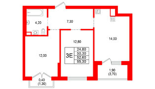 Квартира в ЖК Альпенштадт, 2 комнатная, 52.6 м², 7 этаж