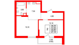 Квартира в ЖК Альпенштадт, 2 комнатная, 44.8 м², 2 этаж