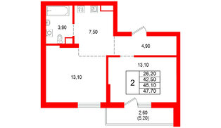 Квартира в ЖК Альпенштадт, 2 комнатная, 45.1 м², 3 этаж