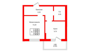 Квартира в ЖК Левада, 1 комнатная, 37.2 м², 1 этаж