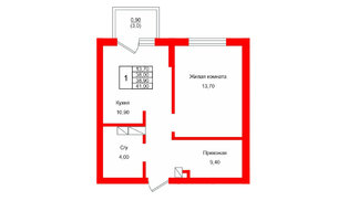 Квартира в ЖК Левада, 1 комнатная, 38.9 м², 9 этаж