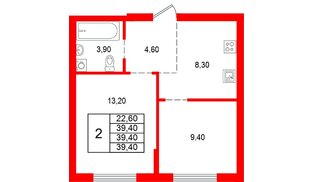 Квартира в ЖК Альпенштадт, 2 комнатная, 39.4 м², 1 этаж