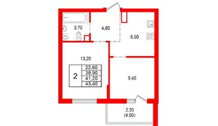 Квартира в ЖК Альпенштадт, 2 комнатная, 41.2 м², 2 этаж