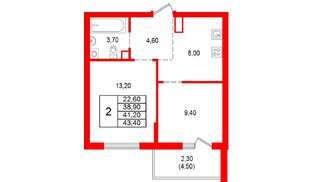 Квартира в ЖК Альпенштадт, 2 комнатная, 41.2 м², 6 этаж