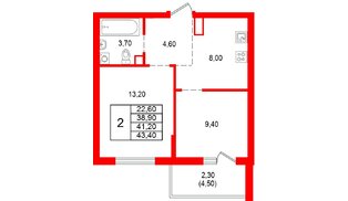 Квартира в ЖК «Альпенштадт», 2 комнатная, 41.2 м², 12 этаж