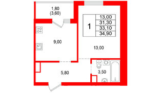 Квартира в ЖК Альпенштадт, 1 комнатная, 33.1 м², 13 этаж