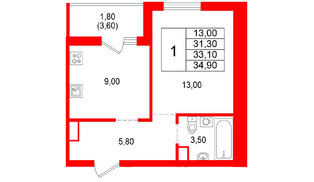 Квартира в ЖК Альпенштадт, 1 комнатная, 33.1 м², 14 этаж