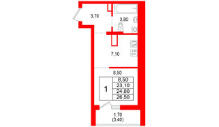 Квартира в ЖК Альпенштадт, 1 комнатная, 24.8 м², 3 этаж