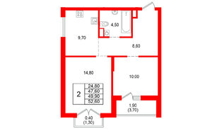 Квартира в ЖК Альпенштадт, 2 комнатная, 49.9 м², 11 этаж