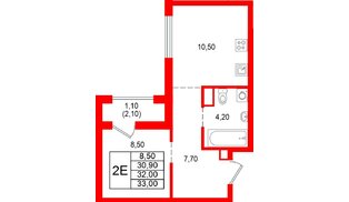 Квартира в ЖК Альпенштадт, 1 комнатная, 32 м², 9 этаж