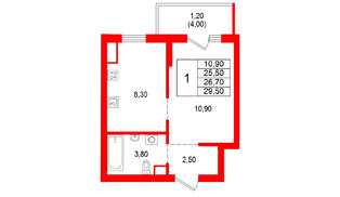 Квартира в ЖК Альпенштадт, 1 комнатная, 26.7 м², 9 этаж