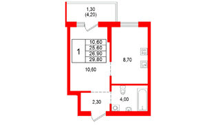 Квартира в ЖК Альпенштадт, 1 комнатная, 26.9 м², 2 этаж