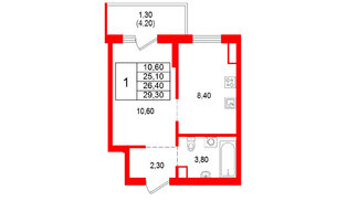 Квартира в ЖК Альпенштадт, 1 комнатная, 26.4 м², 5 этаж