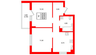 Квартира в ЖК Виридиан, 2 комнатная, 46.7 м², 2 этаж