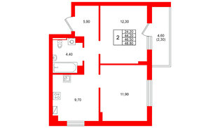 Квартира в ЖК Виридиан, 2 комнатная, 46.5 м², 3 этаж