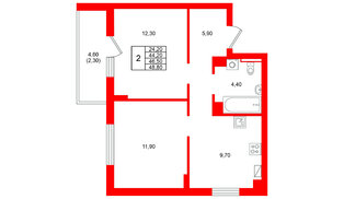 Квартира в ЖК Виридиан, 2 комнатная, 46.5 м², 3 этаж